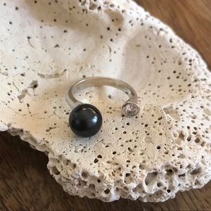 Black pearl, zircon, silver wrap cuff ring.